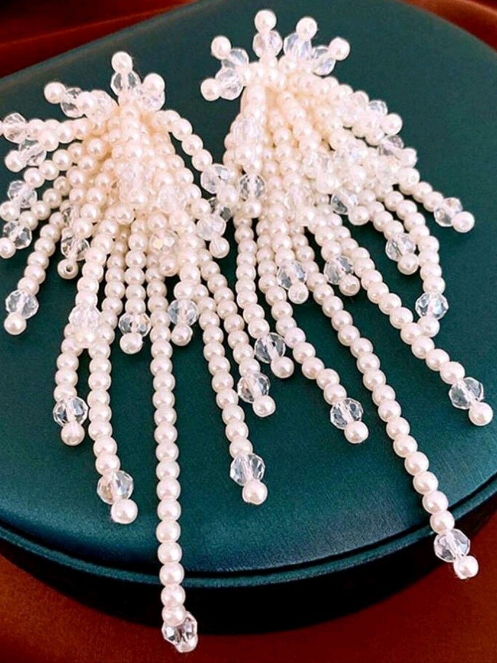 NEW! Stunning White Pearl & Crystal Fringe Dangle Statement Silver Post Earrings